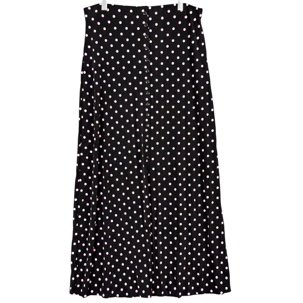 Vtg Dress Barn Skirt Black w Bubble Gum Pink Polka Dots Stretch Retro Buttons